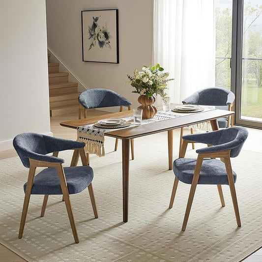HULALA HOME Mid-Century Modern Dining Chairs Set of 4, Wooden Upholstered Kitchen Chairs with Armrest, Curved Backtrst & Wood Legs Armchairs Accent Chairs for Dining Living Room - Navy