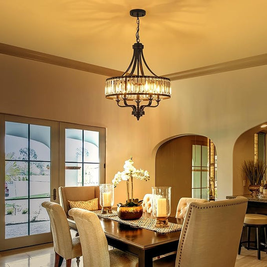Modern Black Crystal Chandelier,5-Light Farmhouse Dining Room Light Fixture Over Table Adjustable Height Hanging Industrial Pendant Lights Kitchen Island,Living Room Kitchen Island Entryway