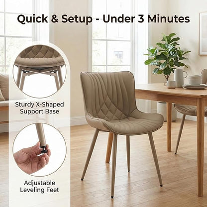 Kidol & Shellder Dining Chairs Set of 2, Mid Century Modern Kitchen Chairs with Metel Legs Armless, PU Leather Upholstered Side Chair for Dining Room, Living Room, Lounge, Restaurant, Khaki
