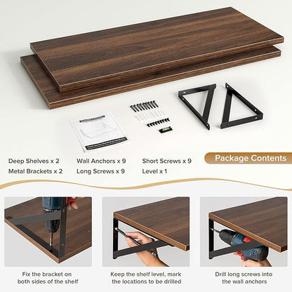 Acovy Deep Floating Shelves Wall Mounted, 30"x12" Walnut Wall Shelves with Brackets Set of 2 for Bedroom, Living Room, Bathroom, Kitchen, Office - Storage & Display Shelf for Decor, Books, Plants