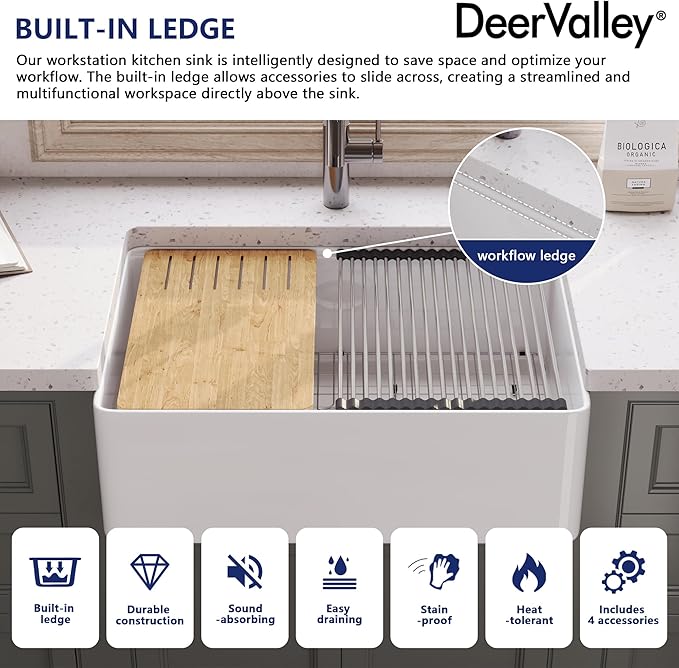 DeerValley Farmhouse Kitchen Sink Workstation 30 inch, White Fireclay Apron Front Farm Sinks, Single Bowl Deep Drop In Undermount Sink with Accessories