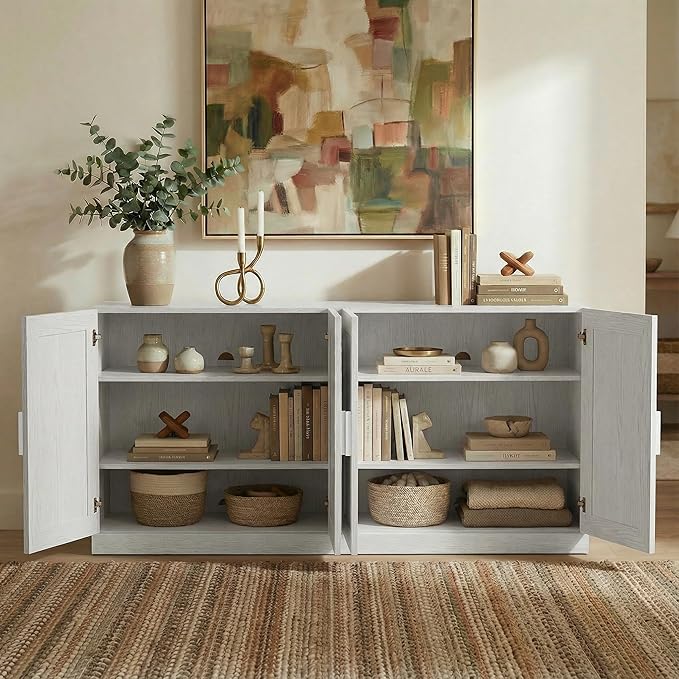 Casaphoria Adam Sideboard Buffet Cabinet with Storage, Sideboard Cabinet with Rattan Doors & Adjustable Shelves, 62" W x 31" H Coffee Bar for Entryway Kitchen Living Room, White