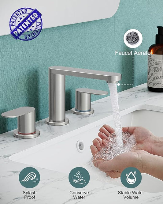 BWE 2 Pack Brushed Nickel Bathroom Faucet for Sink 3 Hole, Stainless Steel Widespread Bathroom Faucets with Pop-up Drain and Supply Lines, 360° Swivel Spout 2-Handle Bathroom Sink Faucet for Vanity