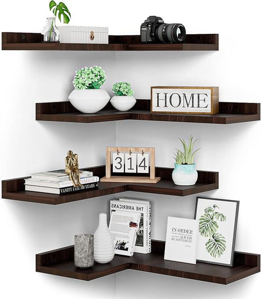 4 Tier Floating Corner Shelves Set of 4, Rustic Pine Wooden Floating Corner Wall Shelf for Wall Décor Storage, L Shaped Corner Shelf Wall Mount For Bedroom, Living Room, Bathroom, Kitchen, Red Brown.