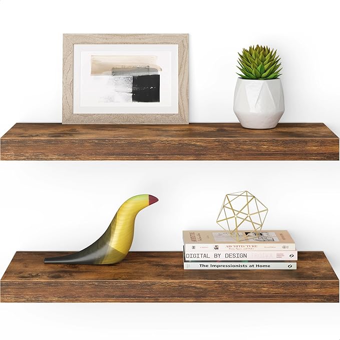 Ballucci Floating Shelves for Wall, 24" Wood Wall Shelf Set of 2, with Invisible Brackets for Bathroom, Living Room, Bedroom, Kitchen, Nursery, 8" Deep, Rustic Brown
