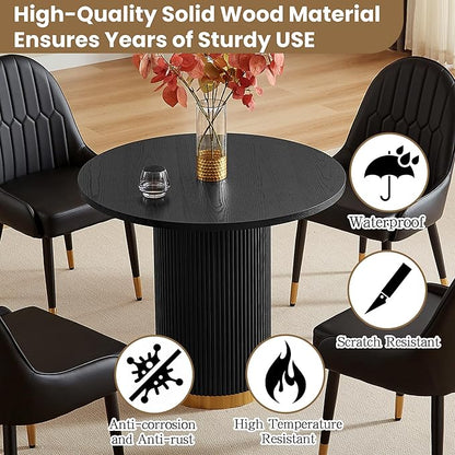 AF ARTISAN FURNITURE Round Dining Table for 4, 35.04" Farmhouse Kitchen Table, One-Piece Solid Wood Top with Gold Stainless Steel Base, Small Circle Dining Table for Kitchen & Living Room, Black