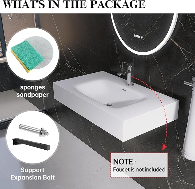 Wall Mount Bathroom Sink 31.9"L x 18"W x 5"H, Resin Stone Floating Sink with Single Facuet Hole, Rectangle Countertop Freestanding Vessel Sinks