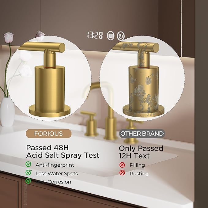 FORIOUS Bathroom Faucet 3 Hole Brushed Gold, 2 Handles 8 Inch Widespread Bathroom Sink Faucets, 360° Swivel Spout, with Pop Up Drain and Hoses, for Vanity Restroom RV Lavatory