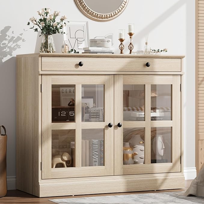 GarveeHome 35.4 in Sideboard Buffet Cabinets with Glass Door, Buffet Cabinet with Storage, Oak Sideboard Cabinet with Drawer, Modern Buffets & Sideboards for Dining Room, Kitchen
