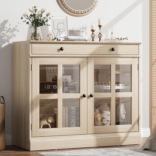 GarveeHome 35.4 in Sideboard Buffet Cabinets with Glass Door, Buffet Cabinet with Storage, Oak Sideboard Cabinet with Drawer, Modern Buffets & Sideboards for Dining Room, Kitchen