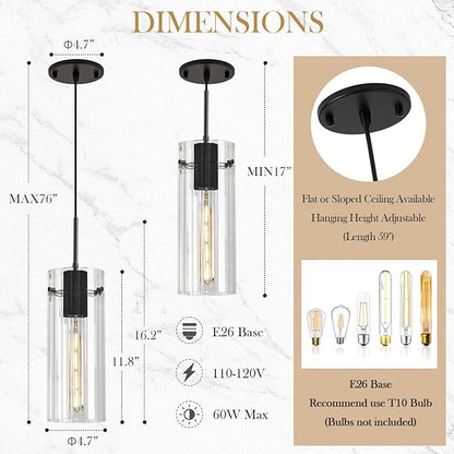 Glass Black Pendant Light, 3 Pack Modern Kitchen Island Pendant Lighting with Ribbed Glass, Adjustable Cord Minimalist Pendant Light for Over Island, Dining Room, Bathroom Bedroom