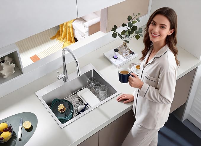 MENATT 24x18 Inch Drop in Kitchen Sink, 304 Stainless Steel Single Bowl with Bottom Grid Mat & X-Shape Drain, 9" Deep Compact Sink for Small Kitchen, Apartment, Wet Bar, Office Pantry, Laundry Room