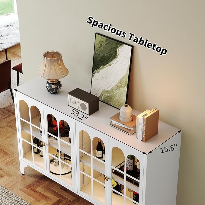 Foreate Sideboard Buffet Cabinet with Glass Door & LED Light, 53.2" Large Buffet Cabinet with Storage & Adjustable Shelf, Farmhouse Sideboard Credenzas Metal Kitchen Buffet, White