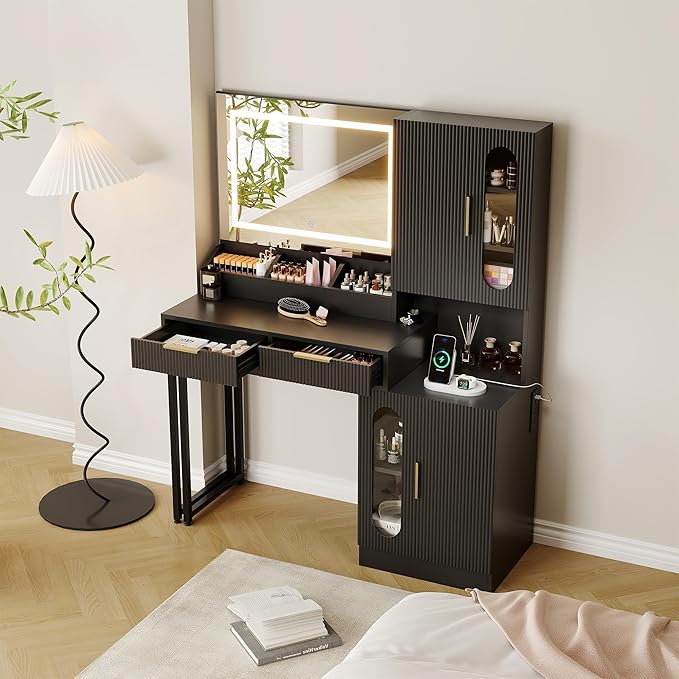 IDEALHOUSE Fluted Vanity Desk with Mirror and Lights, 45" Makeup Vanity with Large Cabinets, Drawers, Dressing Table with 3 Color Lighting Modes, Built-in Charging Station for Bedroom, Black