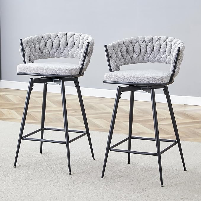 Set of 2 Swivel Bar Stools with Breathable Linen Cushions Light Gray Seat Black Iron Frame, Counter Height Stools for Kitchen Island, Dining or Pub