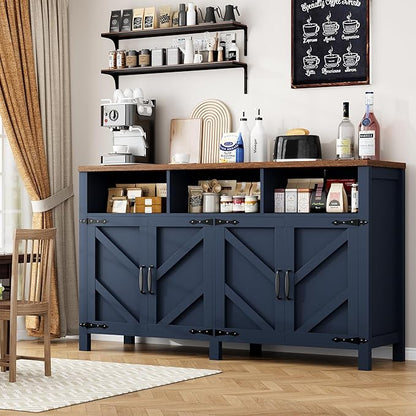 knoworld Buffet Sideboard with Storage Farmhouse with 4 Doors, 55'' Large Kitchen Storage Cabinet Wood Coffee Bar Buffet Table for Kitchen, Dining Room (Blue, 55 in)