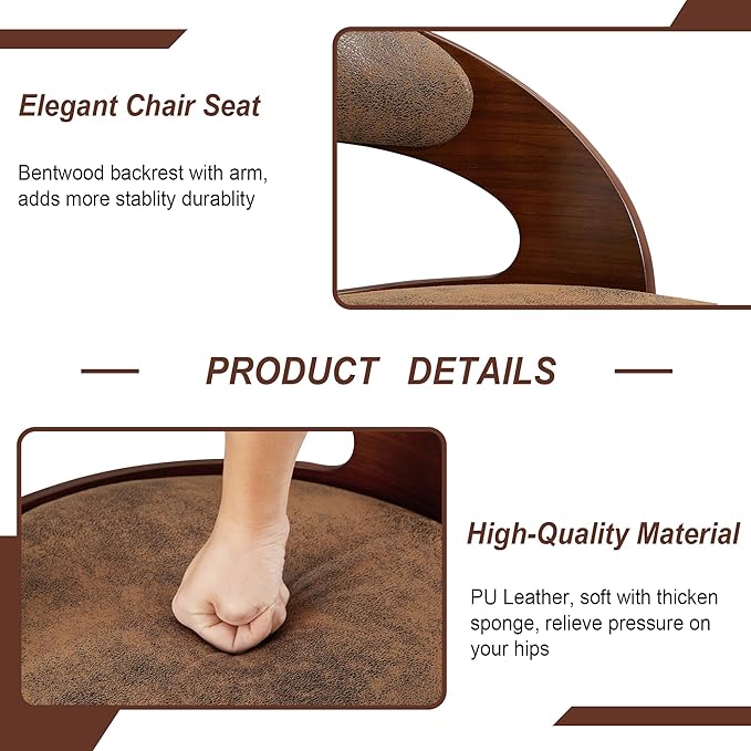 VECELO Bar Stools Set of 2,Adjustable Counter Height Stools with Bentwood Back,Armrest&Footrest,Swivel PU Leather Bar Chairs for Kitchen Island,Coffee Shop and Salon,Crescent Curve, Rustic Brown