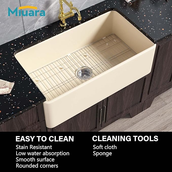Miuara Bone Farmhouse Sink 33 Inch - Apron Front Kitchen Sink Reversible 33x18x10, Undermount Installation, Farm House Style Single Bowl, Heavy Duty Solid Fireclay, Bone Color, for Kitchen