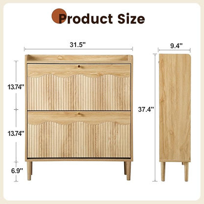BERRYMERRY 31.5” Fluted Shoe Storage Cabinet for Entryway, 2 Flip Drawers Narrow Shoe Organizer Cabinet with Wave Profile for Hallway,Living Room