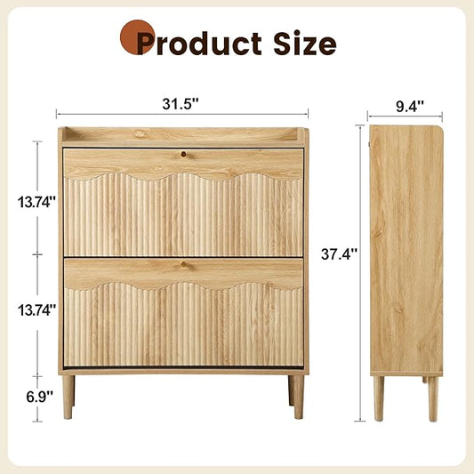 BERRYMERRY 31.5” Fluted Shoe Storage Cabinet for Entryway, 2 Flip Drawers Narrow Shoe Organizer Cabinet with Wave Profile for Hallway,Living Room