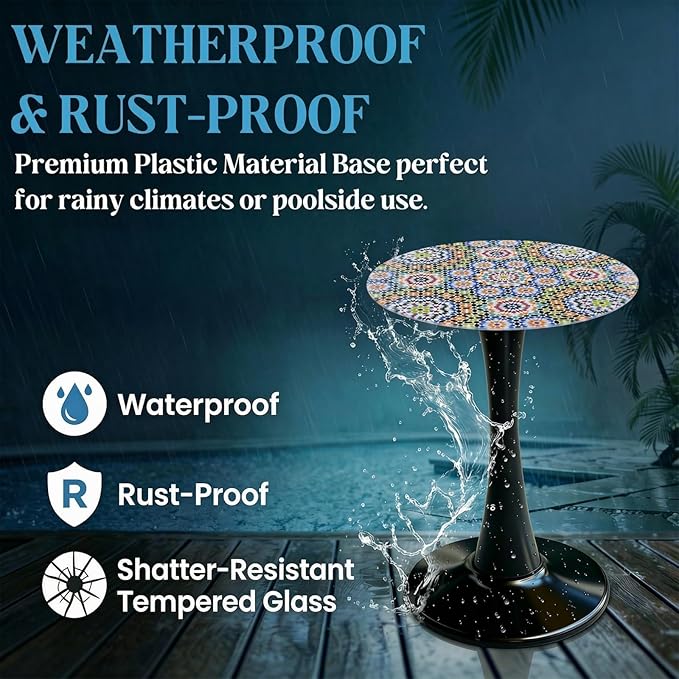 Simmer Stone 13.4" Outdoor Side Table, Round Patio Bistro Table Printed Tempered Glass Top, Waterproof Rust-Proof Base, Small Plant Stand for Balcony, Garden, Deck, 21.6" H (Morocco)