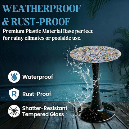 Simmer Stone 13.4" Outdoor Side Table, Round Patio Bistro Table Printed Tempered Glass Top, Waterproof Rust-Proof Base, Small Plant Stand for Balcony, Garden, Deck, 21.6" H (Morocco)