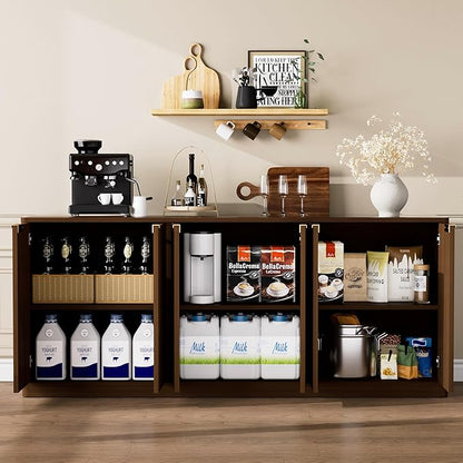 Ball & Cast 67" Modern Fluted Sideboard Buffet Cabinet with Storage,Curved Design Kitchen Coffee Bar Cabinet with 6 Doors & Shelves,Wood Credenza Cabinets Media Console for Living Room,Walnut