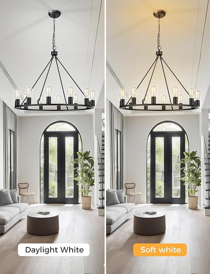 L LOHAS LED Black Farmhouse Chandeliers for Dining Room, 12-Light Wagon Wheel Chandelier Over Table, Height Adjustable, 32" Dining Room Light Fixture, Modern Chandelier for Kitchen Island Living Room