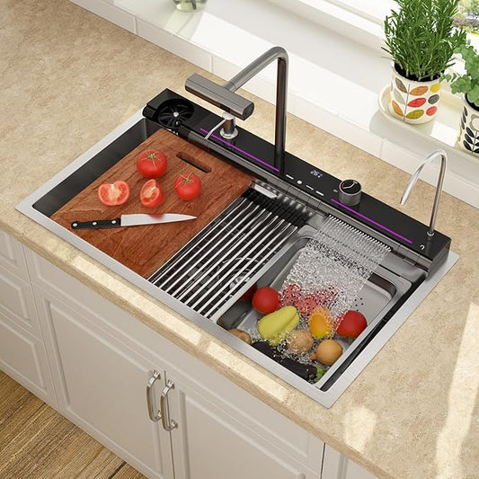 Lordear Drop In Kitchen Sink, 33 inch Waterfall Sink 16 Gauge Stainless Steel, Above Counter Smart Kitchen Sinks, Single Bowl with Integrated Faucet for High-Efficiency Cleaning