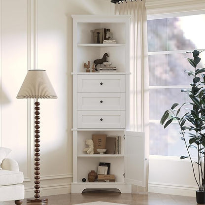 69" H Tall Corner Cabinet with Adjustable Shelves and Drawers, Storage Bookshelf Space Saver for Bathroom or Kitchen, White