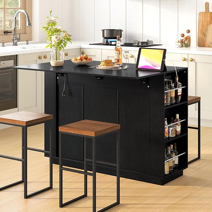 47.2" Kitchen Island with Drop Leaf & Power Outlet, Wine Bar with Bottle Rack & Glass Holder, 2-Door Buffet Sideboard with Side Shelves for Dining Room (Black-85R)
