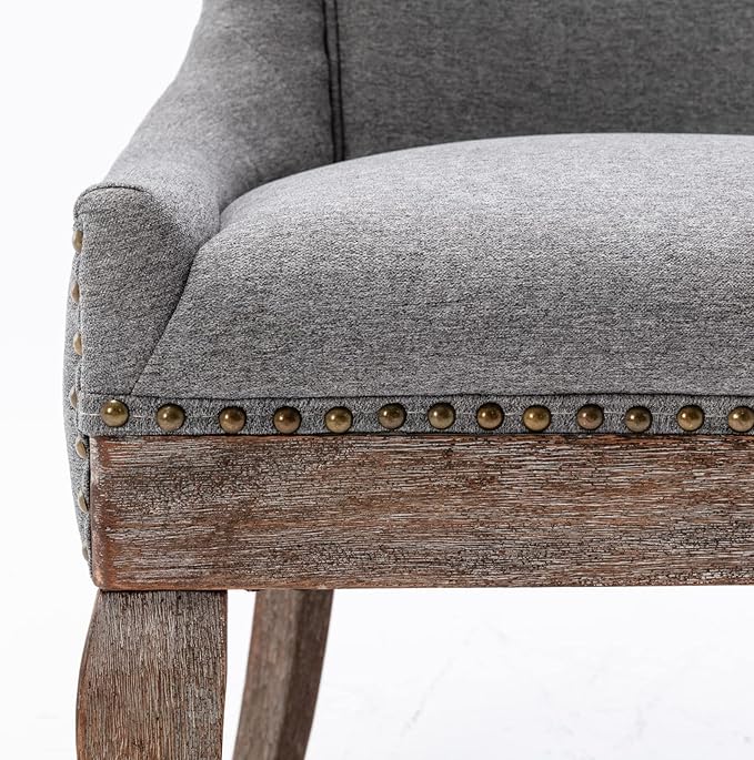 Set of 2 Dining Chair, Bar Chairs, Kitchen Island Chairs, Thickened Fabric Chairs with Neutral Toned Solid Wood Legs, Bronze Nail Head Decor, Sturdy Structure, for Living Room Dining Room, Gray