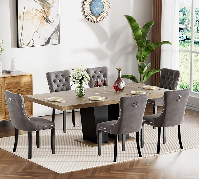 78.74" Extendable Dining Table for 6 8 10, Modern Farmhouse Expandable Kitchen Table with Dual Column Pedestal, Large Rectangle Wooden Expanding Table for Kitchen Dining Conference Room, Brown & Black