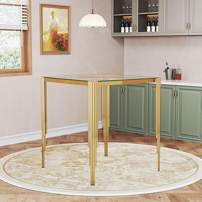 Glass Square Bar Table, 37" Modern High Pub Table with Clear Tempered Glass Top and Polished Gold Stainless Steel Legs, Counter Height Table for Kitchens, Apartments, and Small Spaces