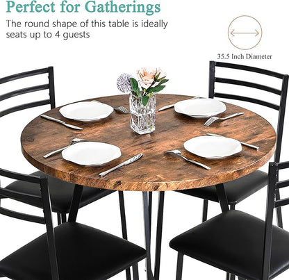 VECELO Round Dining Table Set for 4, Wood Tabletop & Heavy-Duty Steel Frame, 6-Piece Dinette with Chairs for Kitchen, Breakfast Nook, Antique Brown & Black