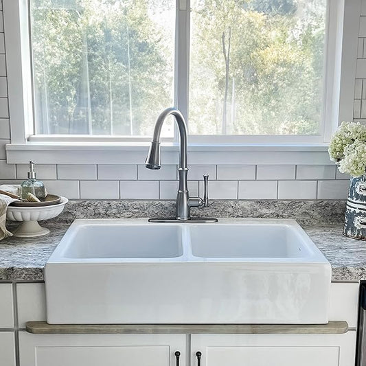 Sinkology Parker 34 Inch White Fireclay Quick-Fit Drop-In Kitchen Sink, Double Bowl, Apron Front, Undermount Installation, Fits 36 Inch Cabinet, Surefire Finish