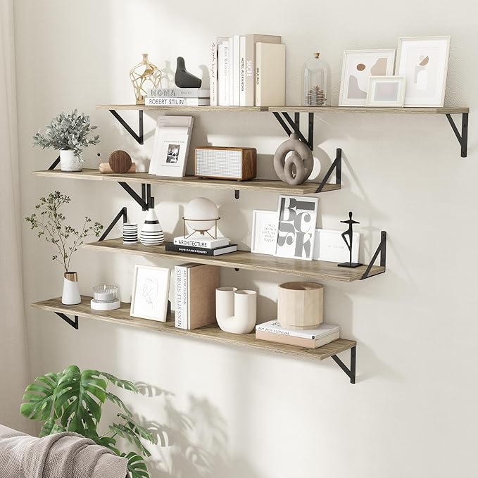 8" Deep Floating Shelves for Wall,16 inch Wood Wall Shelves Set of 2,Wide Floating Bookshelf with Sturdy Metal Brackets,Hanging Storage Floating Shelf for Living Room,Bedroom,Bathroom,Office,Grey