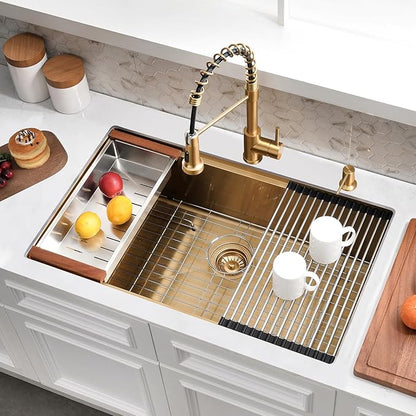 32×19 Undermount Kitchen Sink Gold - 16 Gauge Stainless Steel Gold Kitchen Sink Undermount,10 Inch Deep Single Bowl Workstation Sinks Include Accessories,Heavy-Duty for Large Modern Kitchens