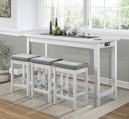 Lexicon 4-Piece Counter Height Table with 3 Stools, Wood Kitchen Counter Table Set with 2 Built-in USB Ports, 2 Charging A/C Power Outlets, Console Drawer, Upholstered Bar Stools, White