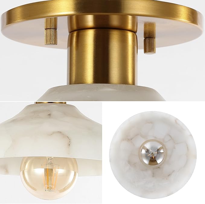 JONATHAN Y 10" White/Brass Gold Modern LED Semi Flush Mount Ceiling Fixture, Alabaster Shade for Hallway Bedroom Foyer, Mid-Century Dimmable Lamp, Edison LED Bulb Included JYL1207A