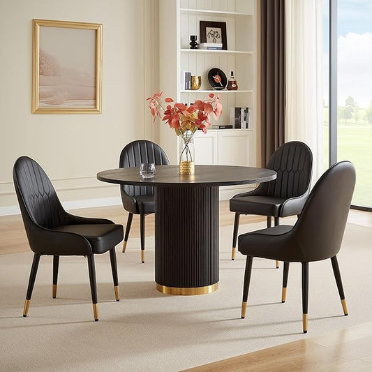 Round Dining Table Set for 6, 46.46" Modern Farmhouse Dining Table and 4 Leather Dining Chair, Circle Kitchen Tables with Wood & Gold Stainless Steel Base for Living Room, Kitchen, Black