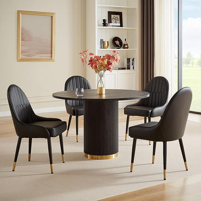 Farmhouse Round Dining Table for 6, 46.46" Luxury One-Piece Solid Wood Dining Table with Gold Stainless Steel Roman Column Pedestal Base, Mid-Century Modern Round Kitchen Table, Black