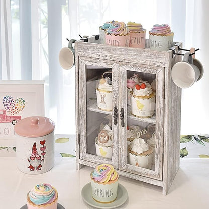 Ikee Design Wooden Countertop Storage Cabinet. Customizable Organizer with Adjustable Shelves, Glass Window Door and Removable Metal Hook. Perfect for Kitchen, Vanity, or Bathroom. Antique White