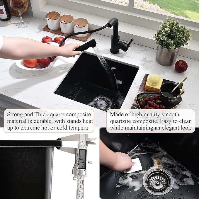 Black Bar Sink Undermount,16x16 Inch Small Wet Bar Sink Granite Composite Single Bowl Quartz Outdoor Rv Sink for Home Kitchen, Sink with Faucet Combo