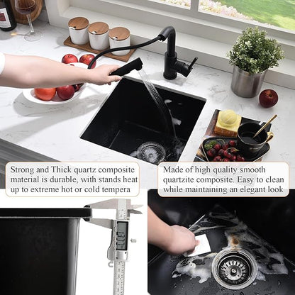 Black Bar Sink Undermount,16x16 Inch Small Wet Bar Sink Granite Composite Single Bowl Quartz Outdoor Rv Sink for Home Kitchen, Sink with Faucet Combo