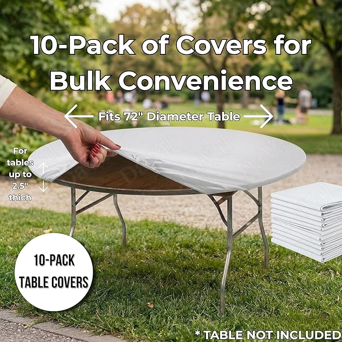Kwik-Covers 10 Pack of Round Plastic Table Covers - 60" or 72" Round - Indoor or Outdoor Fitted Covers (Tables NOT Included) (White, 72" Round)