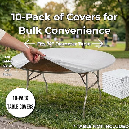 Kwik-Covers 10 Pack of Round Plastic Table Covers - 60" or 72" Round - Indoor or Outdoor Fitted Covers (Tables NOT Included) (White, 72" Round)