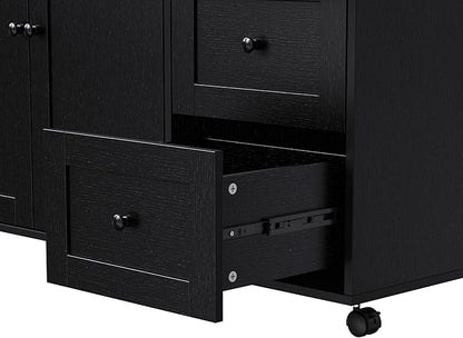 74.8" Kitchen Island with Extendable Table & Power Outlet, Mobile Cart with 3 Drawers, Spice Rack, 2-Door Cabinet on Wheels for Kitchen (74.8"+Black)