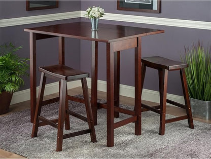 Lynnwood 3-Piece Drop Leaf High Table Set with Saddle Seat Counter Stools, Solid Wood, Antique Walnut Finish – Space-Saving Kitchen Island Dining Set