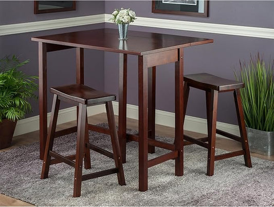 Lynnwood 3-Piece Drop Leaf High Table Set with Saddle Seat Counter Stools, Solid Wood, Antique Walnut Finish – Space-Saving Kitchen Island Dining Set